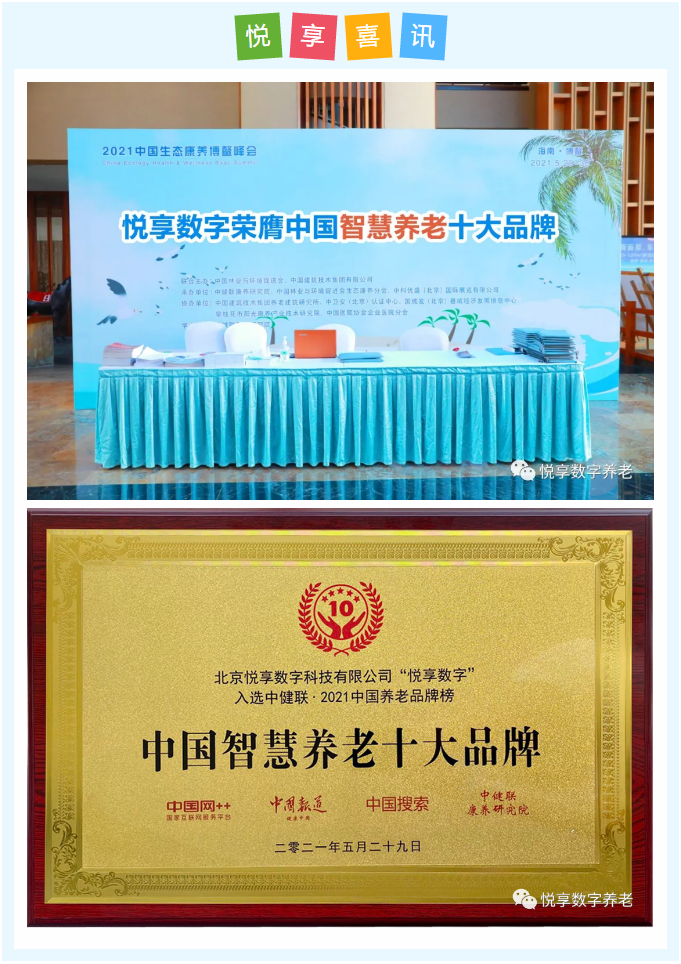 悅享數(shù)字榮膺“2021中國(guó)智慧養(yǎng)老十大品牌”(圖1)